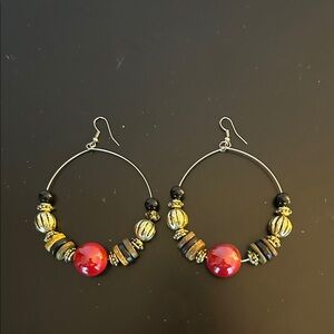 Elegant Gold and Red Beaded Hoop Earrings